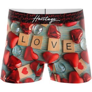 HERITAGE Boxer Homme Microfibre LOVE BOIS COEUR Gris Rouge MADE IN FRANCE